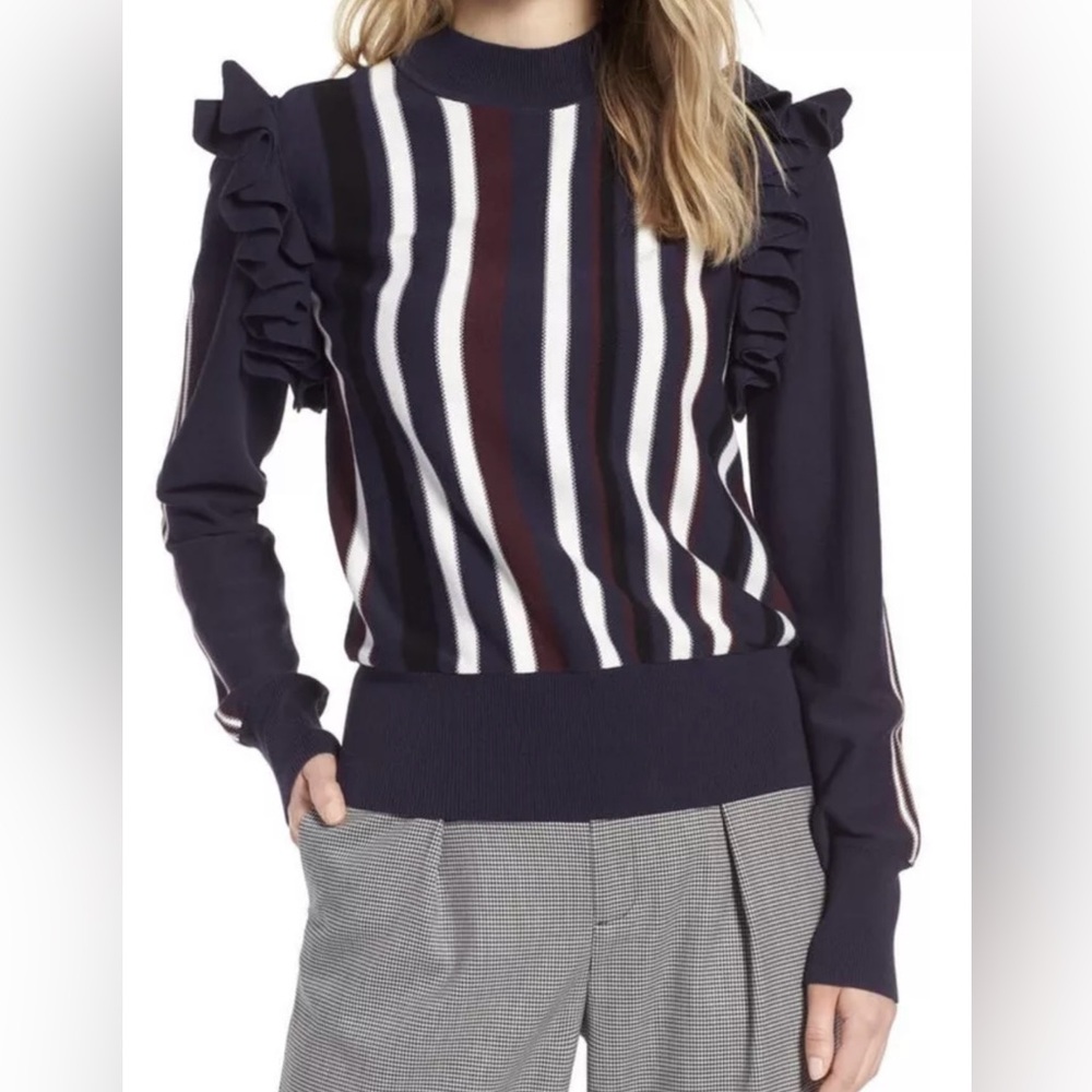 Halogen Sweater Striped Navy Blue Ruffle Detachable Sleeve